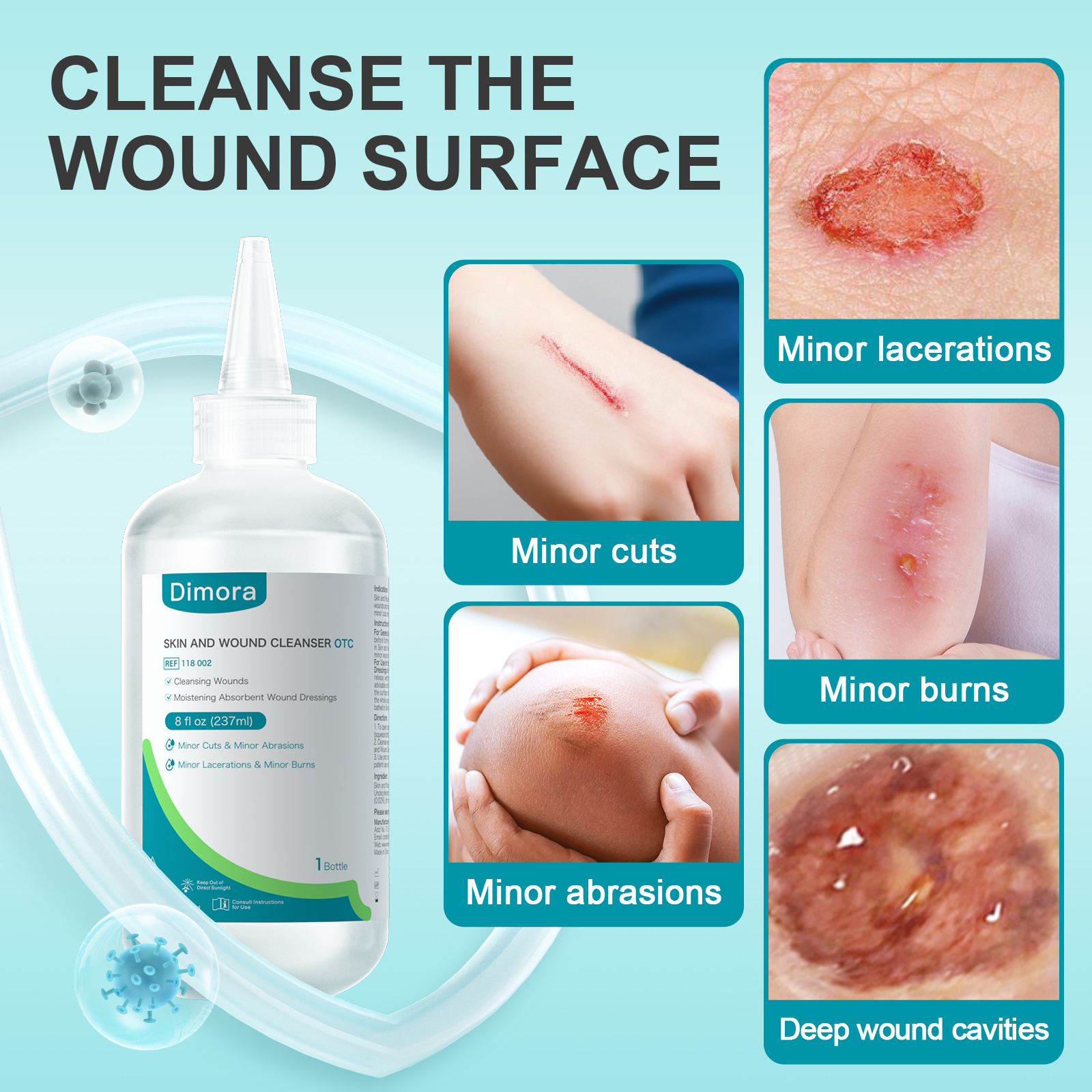 The Dimora PHMB Cleanser can cleanse the wound surface