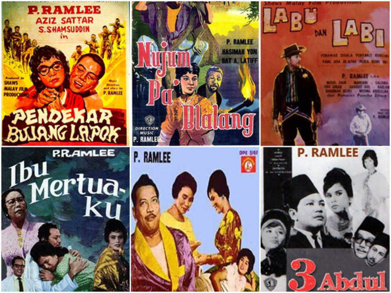 A selection of P Ramlee movie posters in the early years of Malayan cinema. Collage of images from Wikimedia