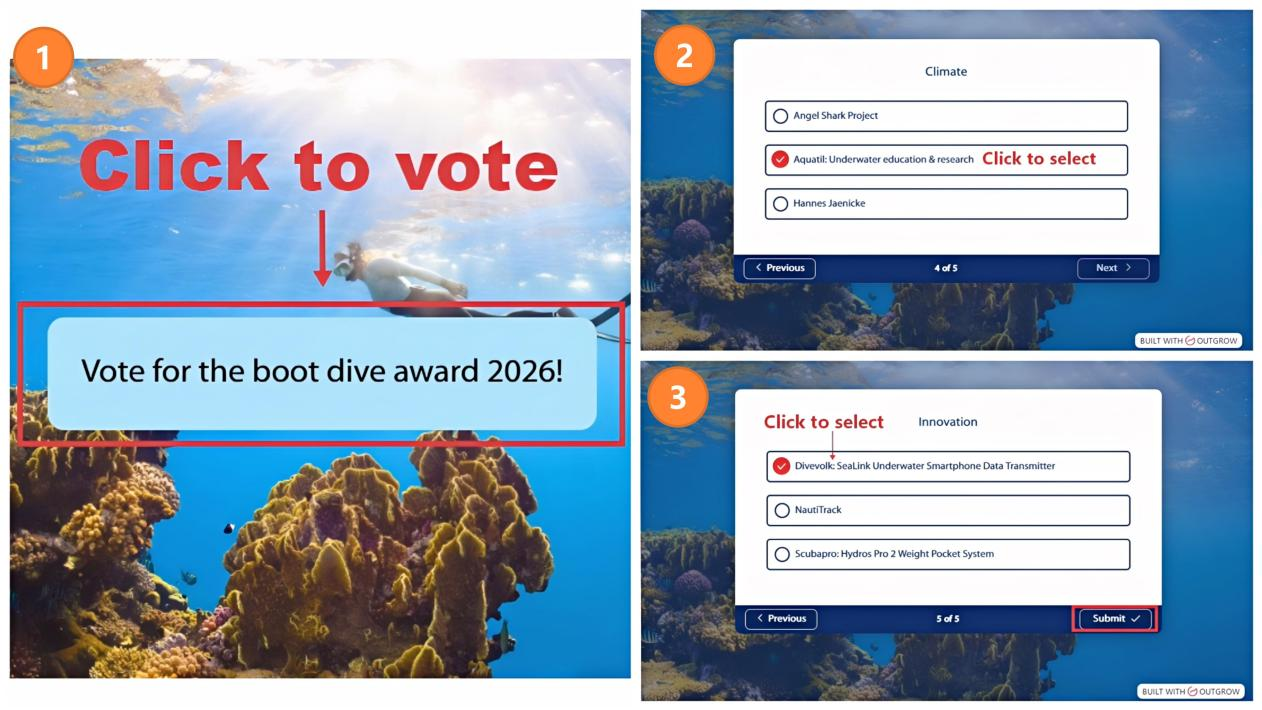 Step-by-step guide for official boot Dive Award 2026 voting for DIVEVOLK and Aquatil
