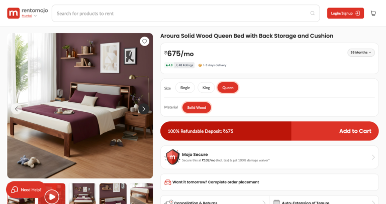 Aroura-Solid-Wood-Queen-Bed-with-Back-Storage-and-Cushion-on-Rent-in-Mumbai-Rento-Mojo-com-04-02-202