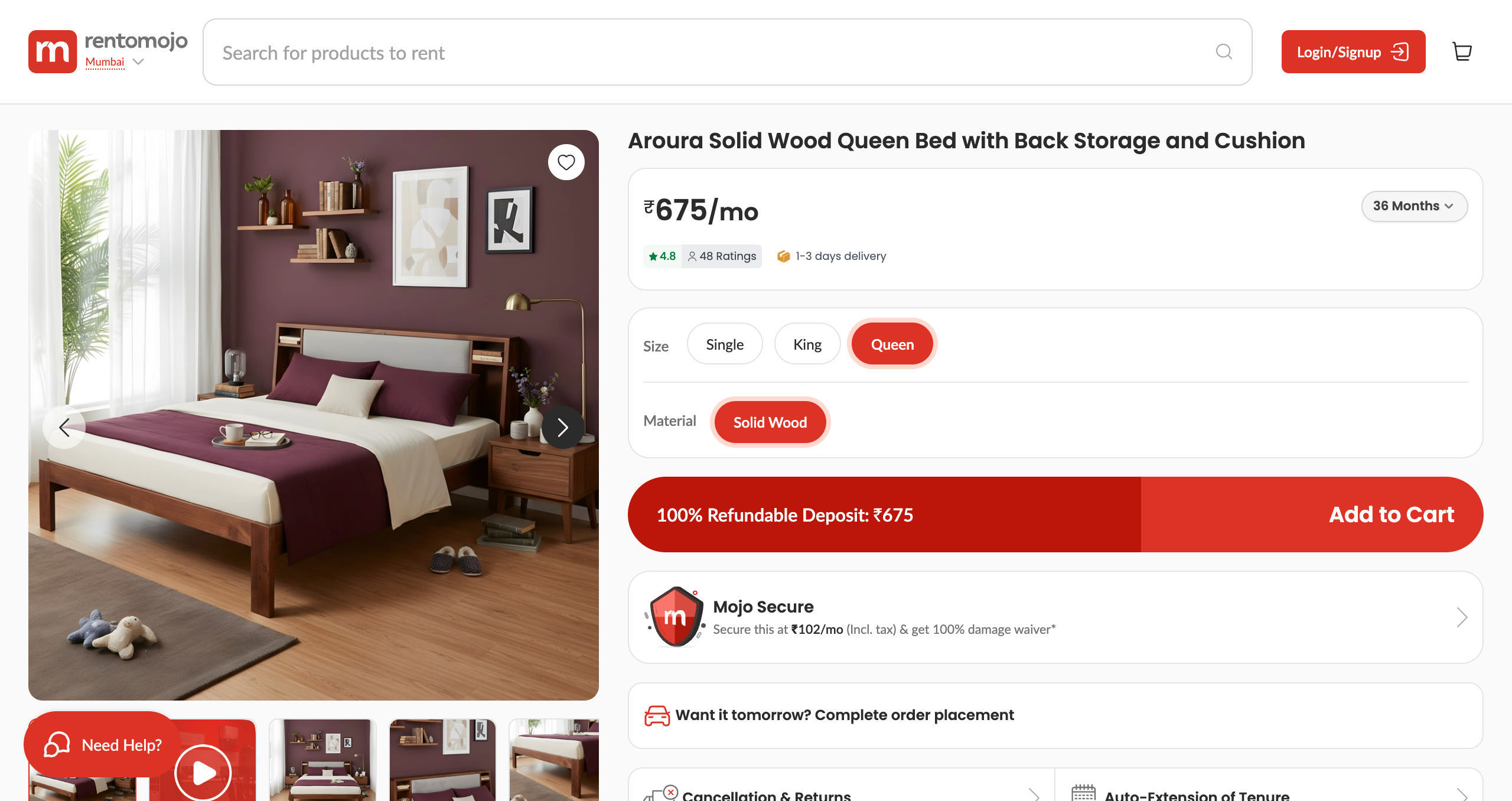 Aroura-Solid-Wood-Queen-Bed-with-Back-Storage-and-Cushion-on-Rent-in-Mumbai-Rento-Mojo-com-04-02-202