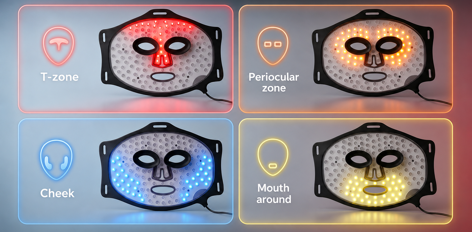 An infographic shows zoned Umitec LED mask controls and multiple light wavelengths for varied facial skincare needs.