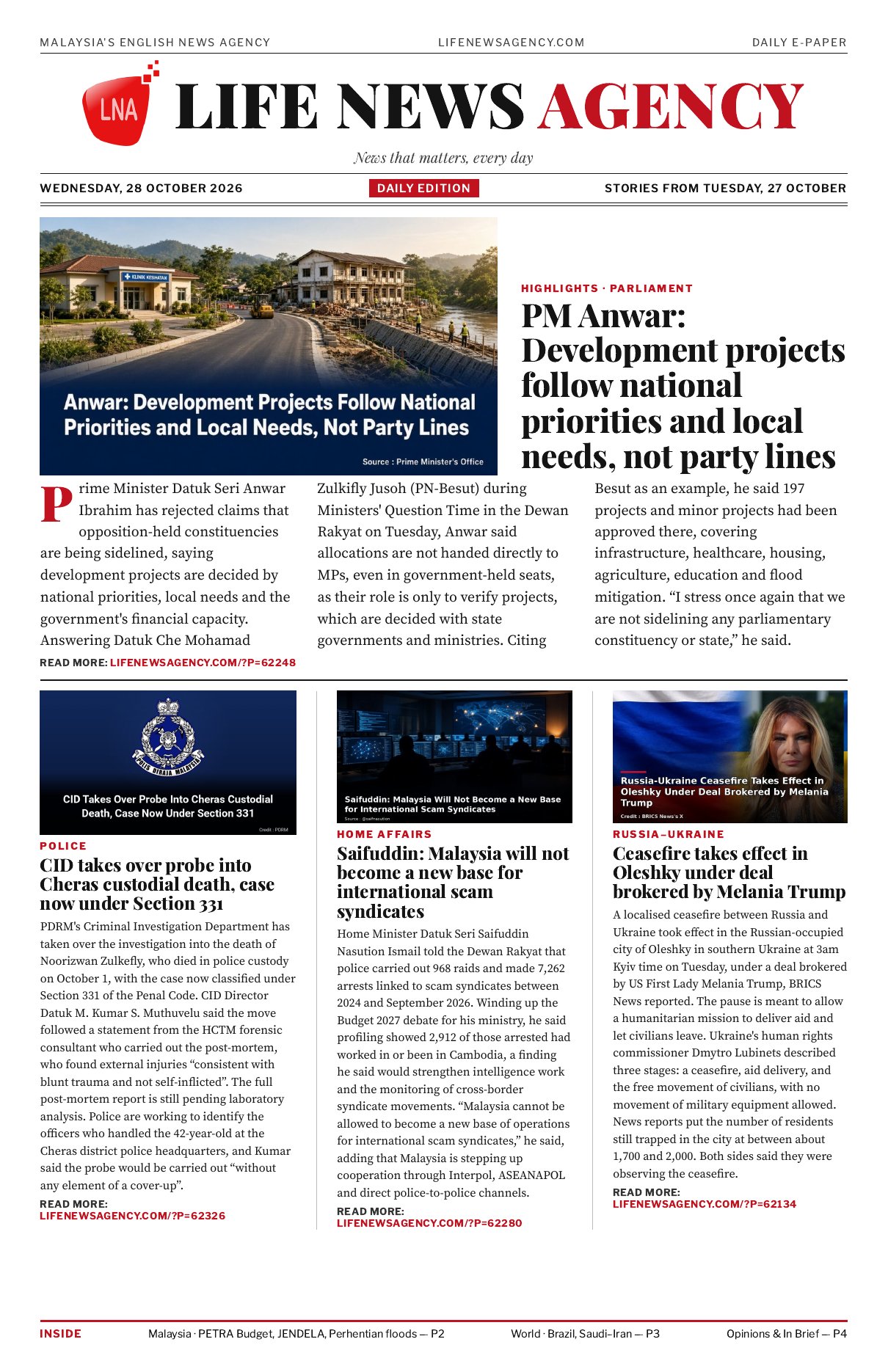 Front page of the LNA Daily E-Paper for Wednesday, 28 October 2026