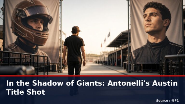 News graphic: In the shadow of giants, Antonelli's Austin title shot. Source : @F1