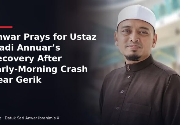 Portrait of preacher Ustaz Wadi Annuar with headline on Prime Minister Anwar Ibrahim praying for his recovery after a crash near Gerik