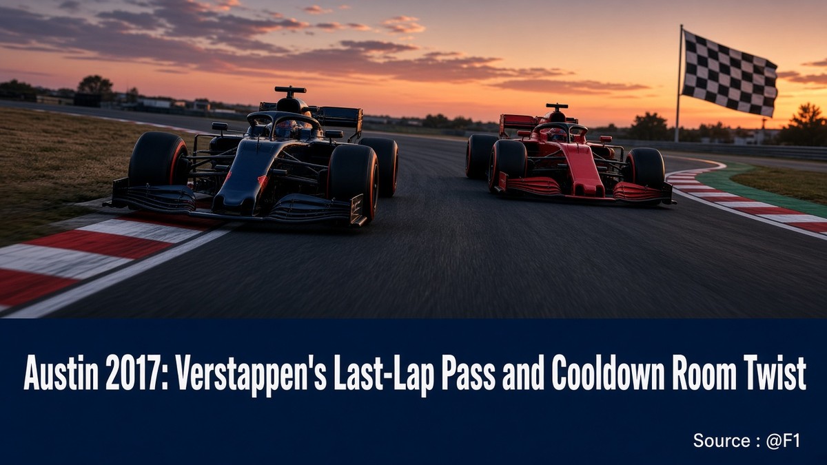 News graphic: Austin 2017 revisited, Verstappen's last-lap pass and cooldown room twist. Source : @F1