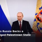 Russian President Vladimir Putin speaking at a lectern