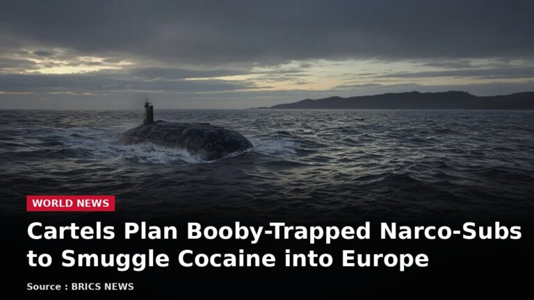 Semi-submersible narco-sub at sea with headline: Cartels Plan Booby-Trapped Narco-Subs to Smuggle Cocaine into Europe