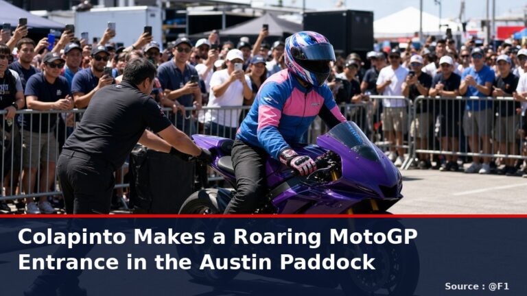 News graphic: Colapinto makes a roaring MotoGP entrance in the Austin paddock. Source : @F1