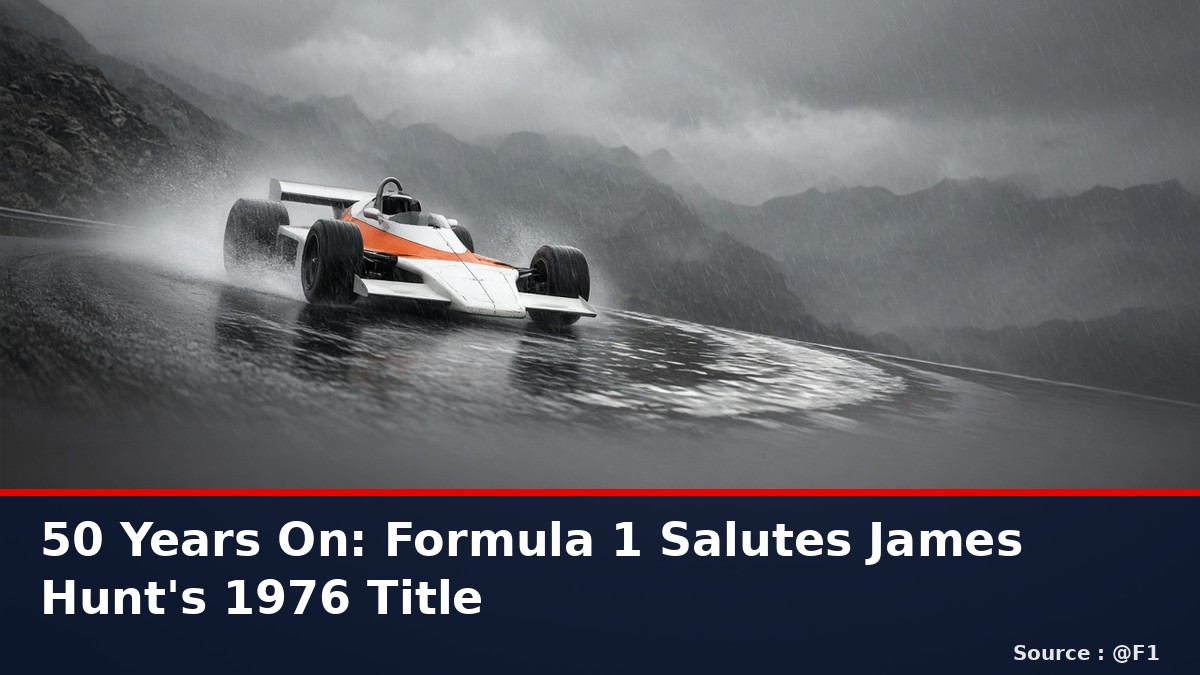 News graphic: 50 years since James Hunt's 1976 title win. Source : @F1