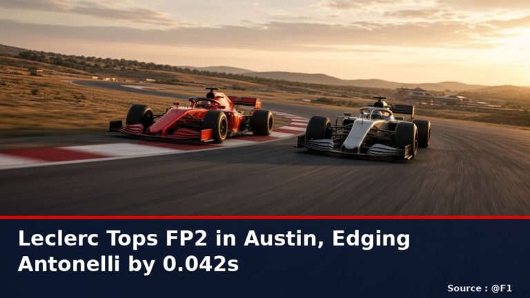 News graphic: Leclerc tops FP2 in Austin ahead of Antonelli and Verstappen. Source : @F1