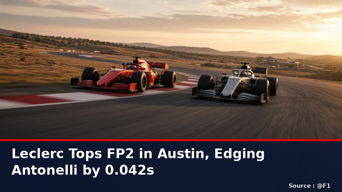 News graphic: Leclerc tops FP2 in Austin ahead of Antonelli and Verstappen. Source : @F1