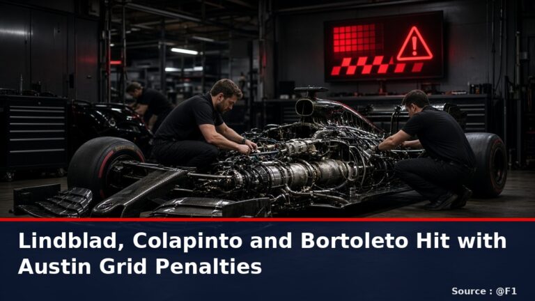 News graphic: Lindblad, Colapinto and Bortoleto handed grid penalties for the United States Grand Prix. Source : @F1