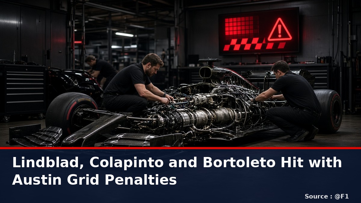 News graphic: Lindblad, Colapinto and Bortoleto handed grid penalties for the United States Grand Prix. Source : @F1