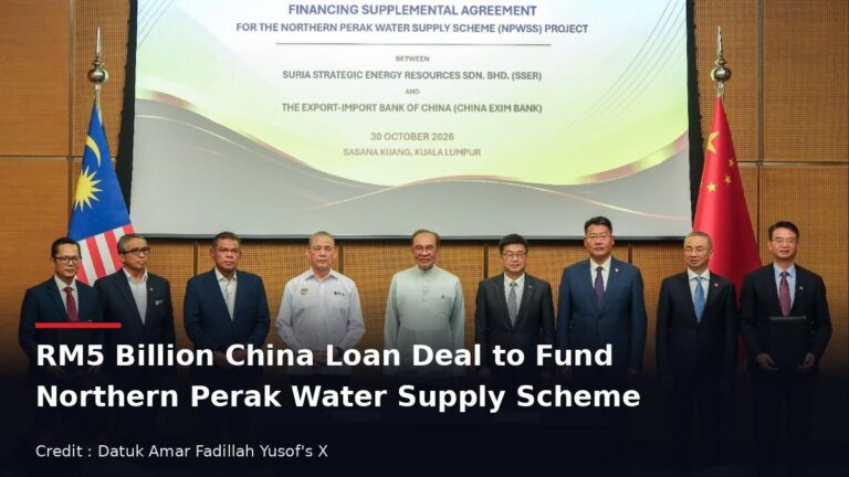 Officials including Prime Minister Anwar Ibrahim and Deputy Prime Minister Fadillah Yusof at the NPWSS financing agreement signing ceremony at Sasana Kijang, Kuala Lumpur