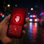 A hand holding a smartphone showing an emergency alert screen with a location pin, with emergency vehicle lights in the background