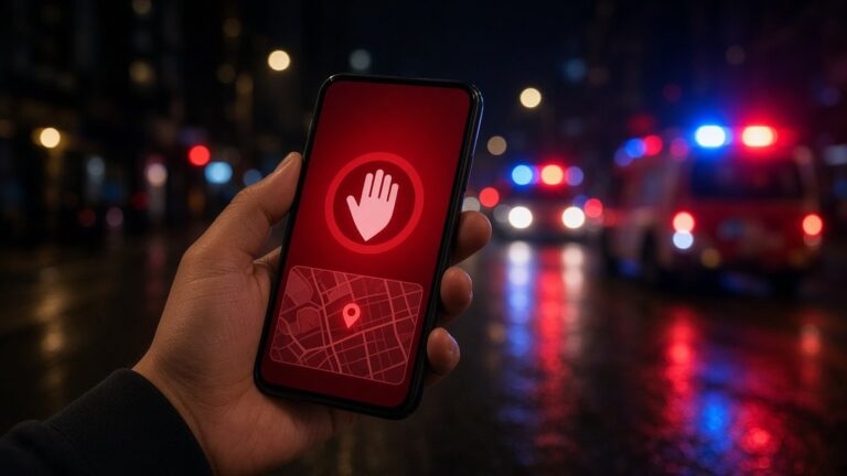 A hand holding a smartphone showing an emergency alert screen with a location pin, with emergency vehicle lights in the background