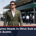 News graphic: Alonso turns heads in olive suit as he arrives in Austin. Source : @F1