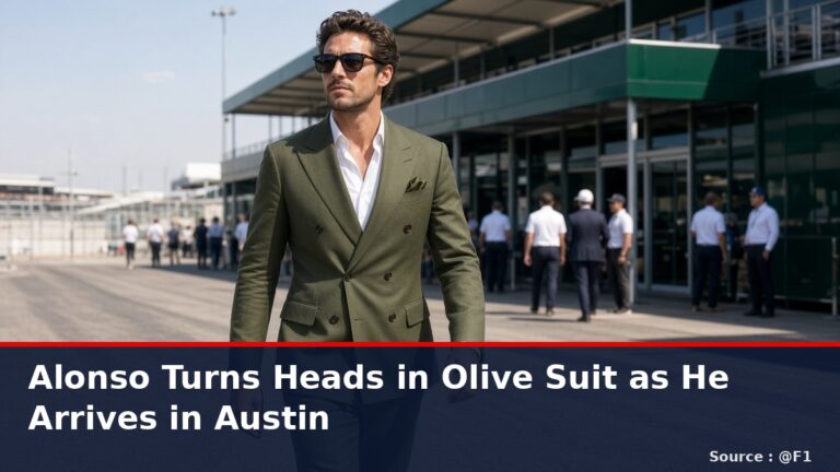 News graphic: Alonso turns heads in olive suit as he arrives in Austin. Source : @F1