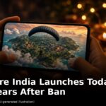 Hands holding a smartphone showing a battle royale parachute drop, with Diwali lamps in the background