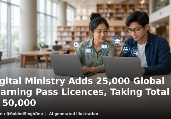 Two young Malaysians taking online courses on laptops in a library