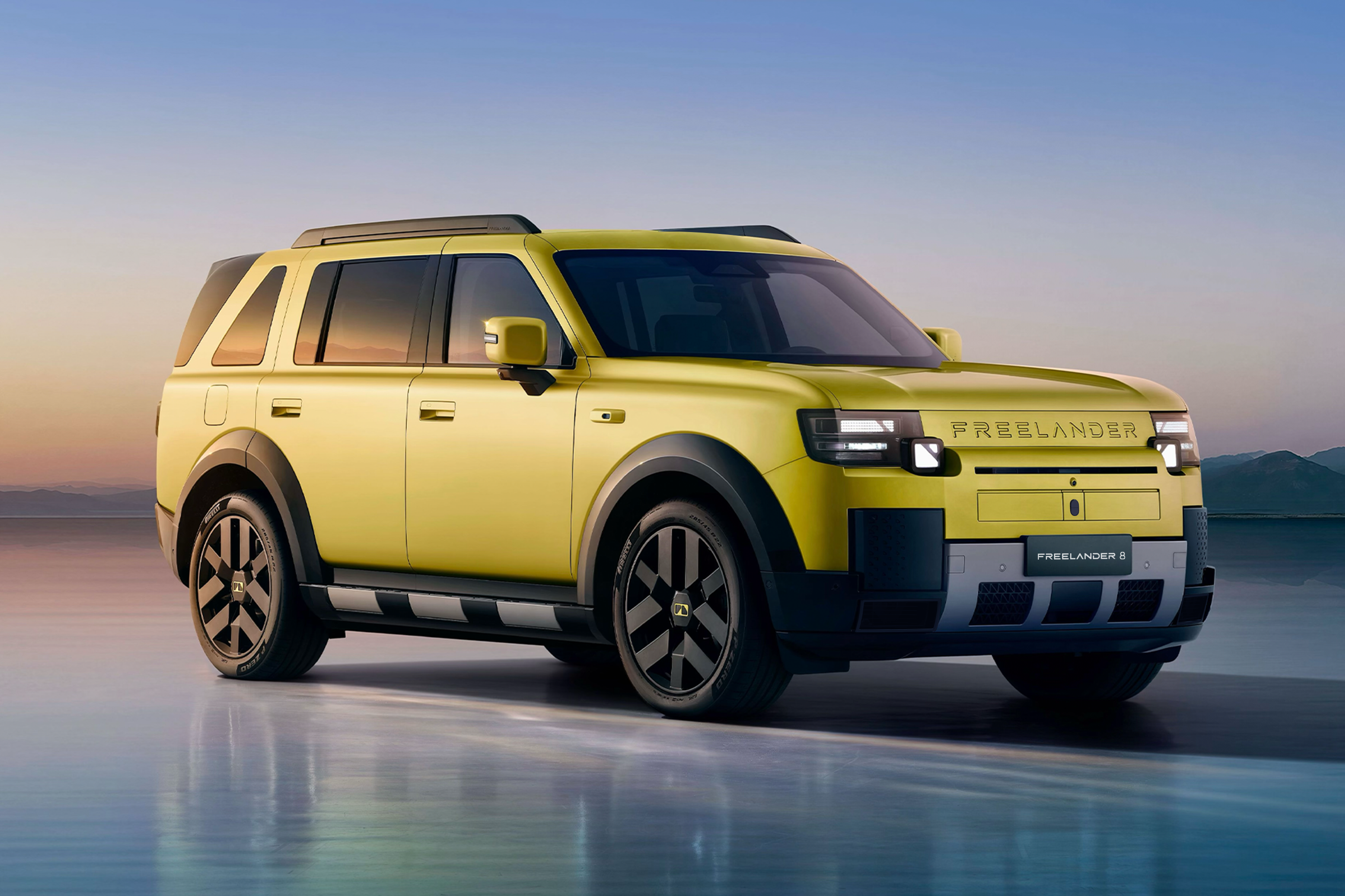 Image 3 FREELANDER 8 in Lucent Lime (Satin), with its Castle-Style Body Design, Dual-Peak Hood and Signature Interlocking Headlights