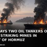 Two oil tankers burning at sea in the Strait of Hormuz