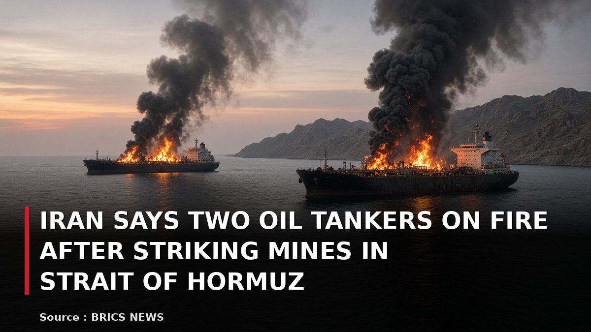 Two oil tankers burning at sea in the Strait of Hormuz