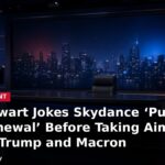 Empty late-night television news studio with headline: Jon Stewart Jokes Skydance 'Pulled Our Renewal' Before Taking Aim at Vance, Trump and Macron