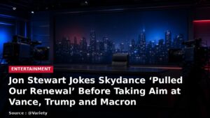 Empty late-night television news studio with headline: Jon Stewart Jokes Skydance 'Pulled Our Renewal' Before Taking Aim at Vance, Trump and Macron