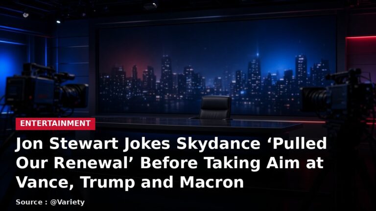 Empty late-night television news studio with headline: Jon Stewart Jokes Skydance 'Pulled Our Renewal' Before Taking Aim at Vance, Trump and Macron