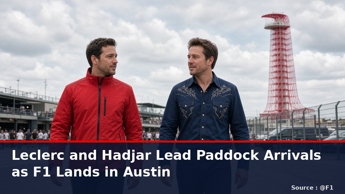 News graphic: Leclerc and Hadjar lead paddock arrivals as F1 lands in Austin. Source : @F1