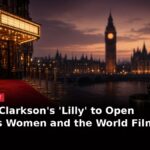 Illustrated London cinema red carpet at dusk with headline: Patricia Clarkson's 'Lilly' to Open London's Women and the World Film Festival