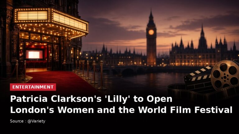 Illustrated London cinema red carpet at dusk with headline: Patricia Clarkson's 'Lilly' to Open London's Women and the World Film Festival