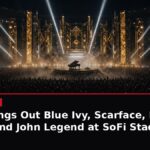 News graphic of a stadium concert stage with a piano under spotlights, with the headline: Jay-Z Brings Out Blue Ivy, Scarface, DJ Khaled and John Legend at SoFi Stadium