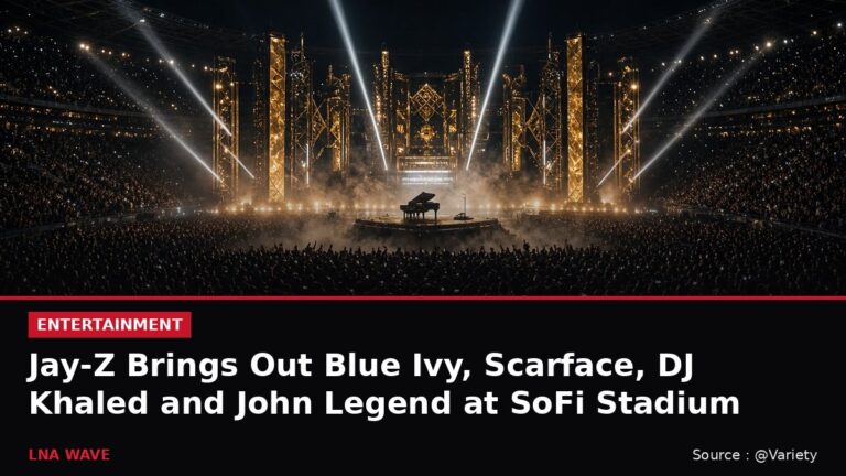 News graphic of a stadium concert stage with a piano under spotlights, with the headline: Jay-Z Brings Out Blue Ivy, Scarface, DJ Khaled and John Legend at SoFi Stadium