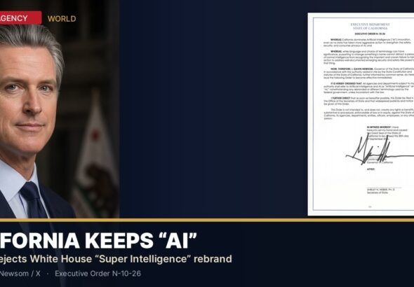 Gavin Newsom beside California executive order declaring Artificial Intelligence remains AI, with headline California keeps AI