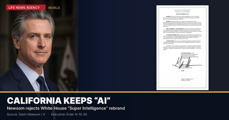 Gavin Newsom beside California executive order declaring Artificial Intelligence remains AI, with headline California keeps AI