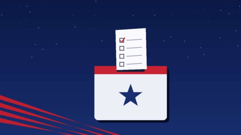 Illustration of a ballot paper with a ticked box going into a ballot box on a dark blue background