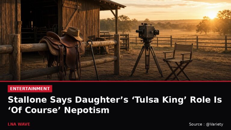 News graphic of a ranch stable with a saddle, cowboy hat, cane and TV camera, with the headline: Stallone Says Daughter’s Tulsa King Role Is Of Course Nepotism