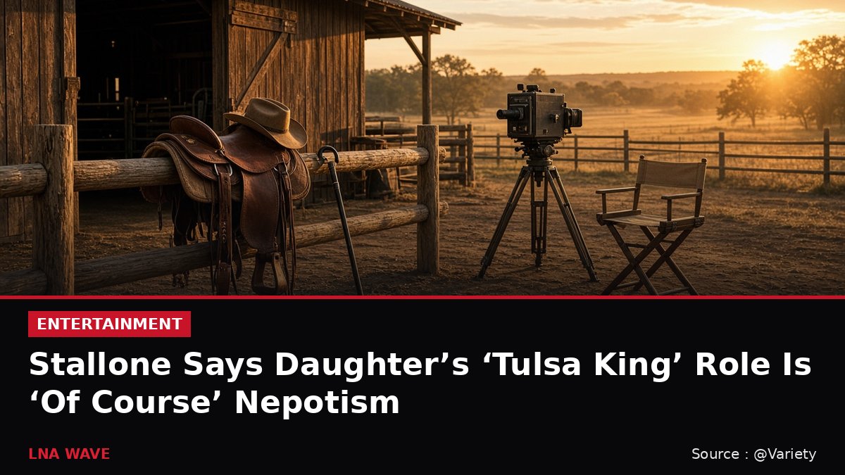 News graphic of a ranch stable with a saddle, cowboy hat, cane and TV camera, with the headline: Stallone Says Daughter’s Tulsa King Role Is Of Course Nepotism