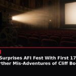 News graphic of a vintage cinema with a film projector, with the headline: Tarantino Surprises AFI Fest With First 17 Minutes of The Further Mis-Adventures of Cliff Booth