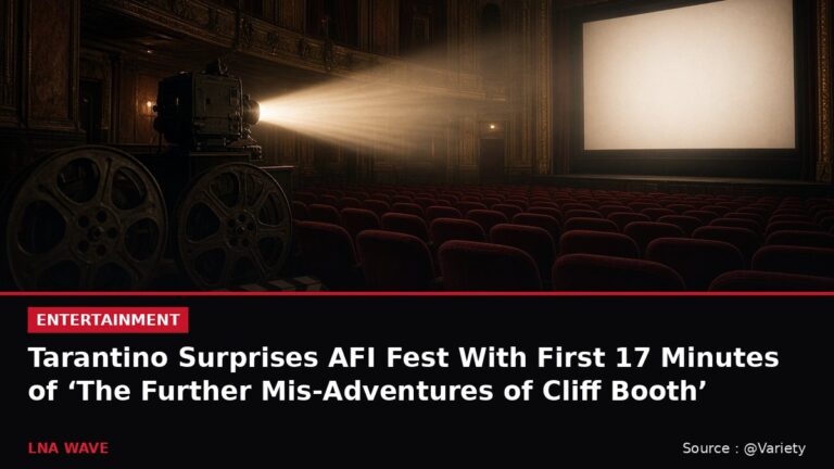 News graphic of a vintage cinema with a film projector, with the headline: Tarantino Surprises AFI Fest With First 17 Minutes of The Further Mis-Adventures of Cliff Booth