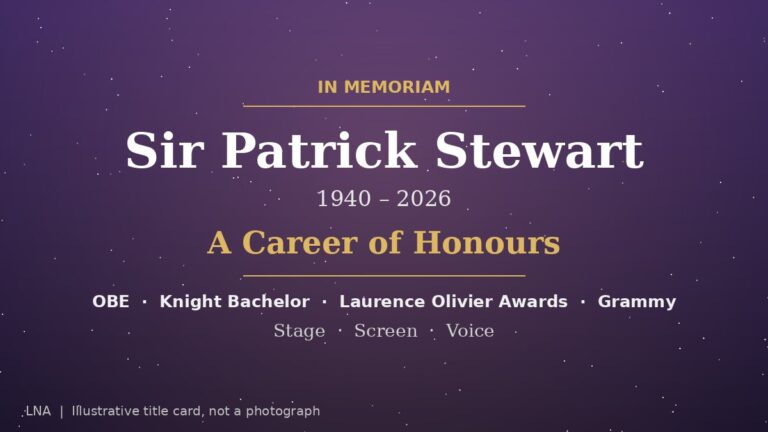 Illustrative title card reading Sir Patrick Stewart, 1940–2026, A Career of Honours