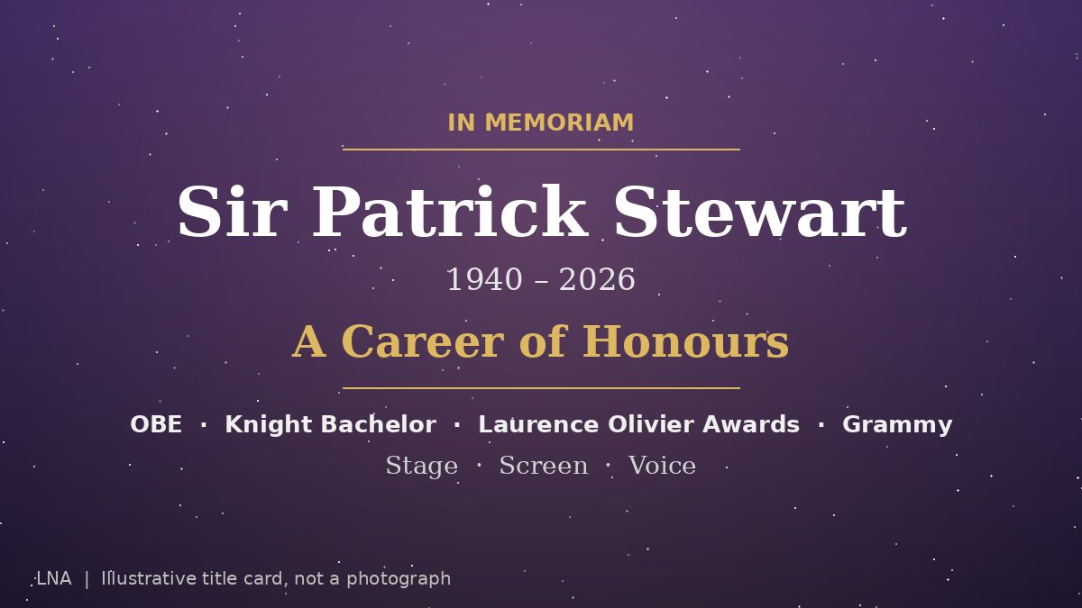 Illustrative title card reading Sir Patrick Stewart, 1940–2026, A Career of Honours