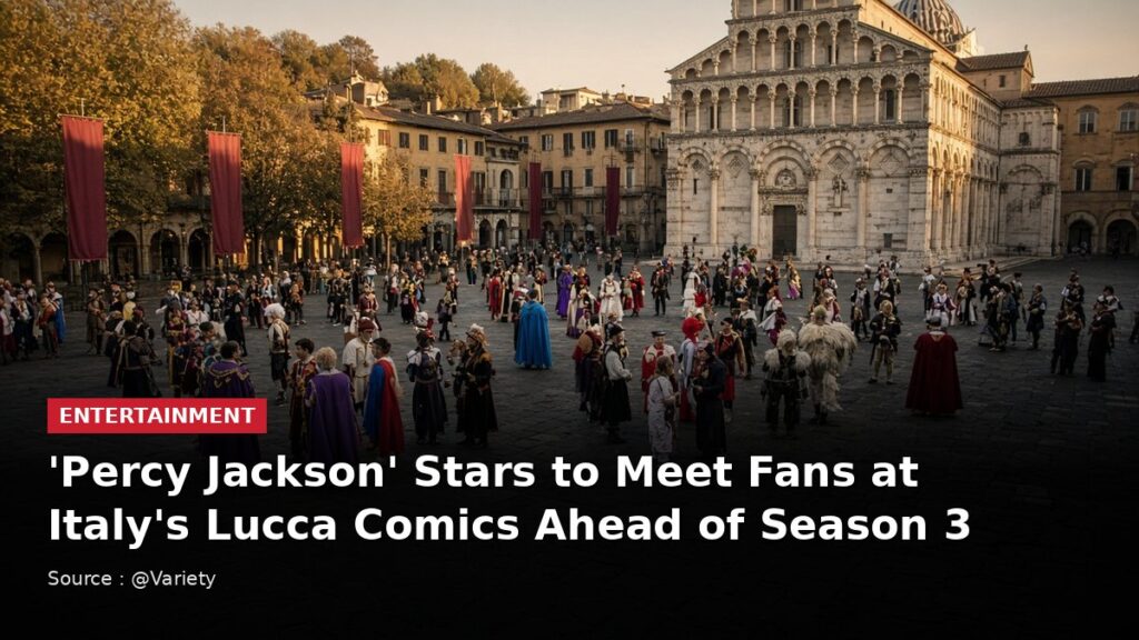 Illustrative image of a crowded medieval Tuscan square during a comics festival with headline text