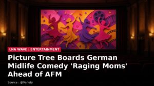 Illustrated cinema screen with four stylised dancing silhouettes and the headline Picture Tree Boards German Midlife Comedy 'Raging Moms' Ahead of AFM
