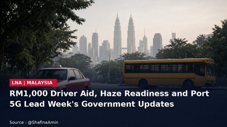 A taxi and a school bus on a hazy Kuala Lumpur street with the headline RM1,000 Driver Aid, Haze Readiness and Port 5G Lead Week's Government Updates