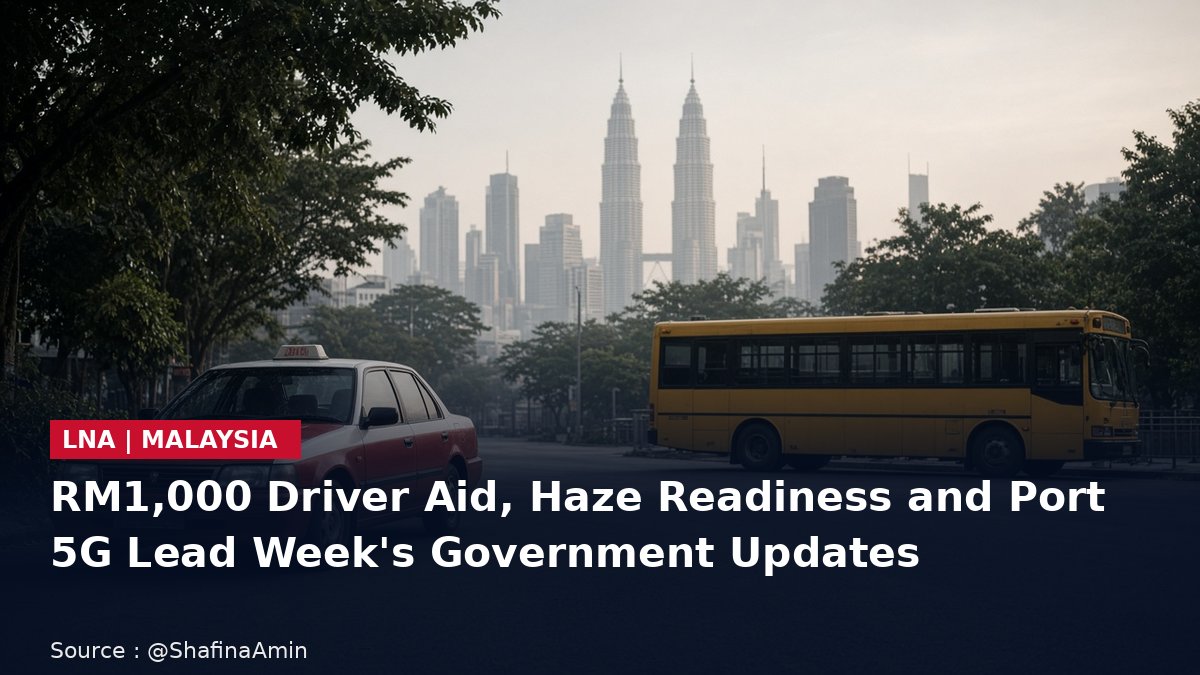 A taxi and a school bus on a hazy Kuala Lumpur street with the headline RM1,000 Driver Aid, Haze Readiness and Port 5G Lead Week's Government Updates