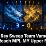 Esports arena with a 3-0 scoreboard and the headline Team Rey Sweep Team Vamos 3-0 to Reach MPL MY Upper Final